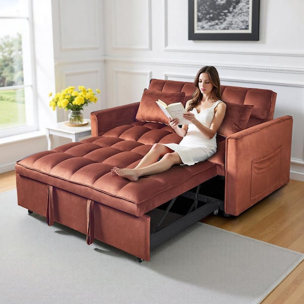 3-in-1 Convertible Loveseat 51 in. Camel Suede Pull-Out Twin Size Sofa Bed with Pocket and Throw Pillow