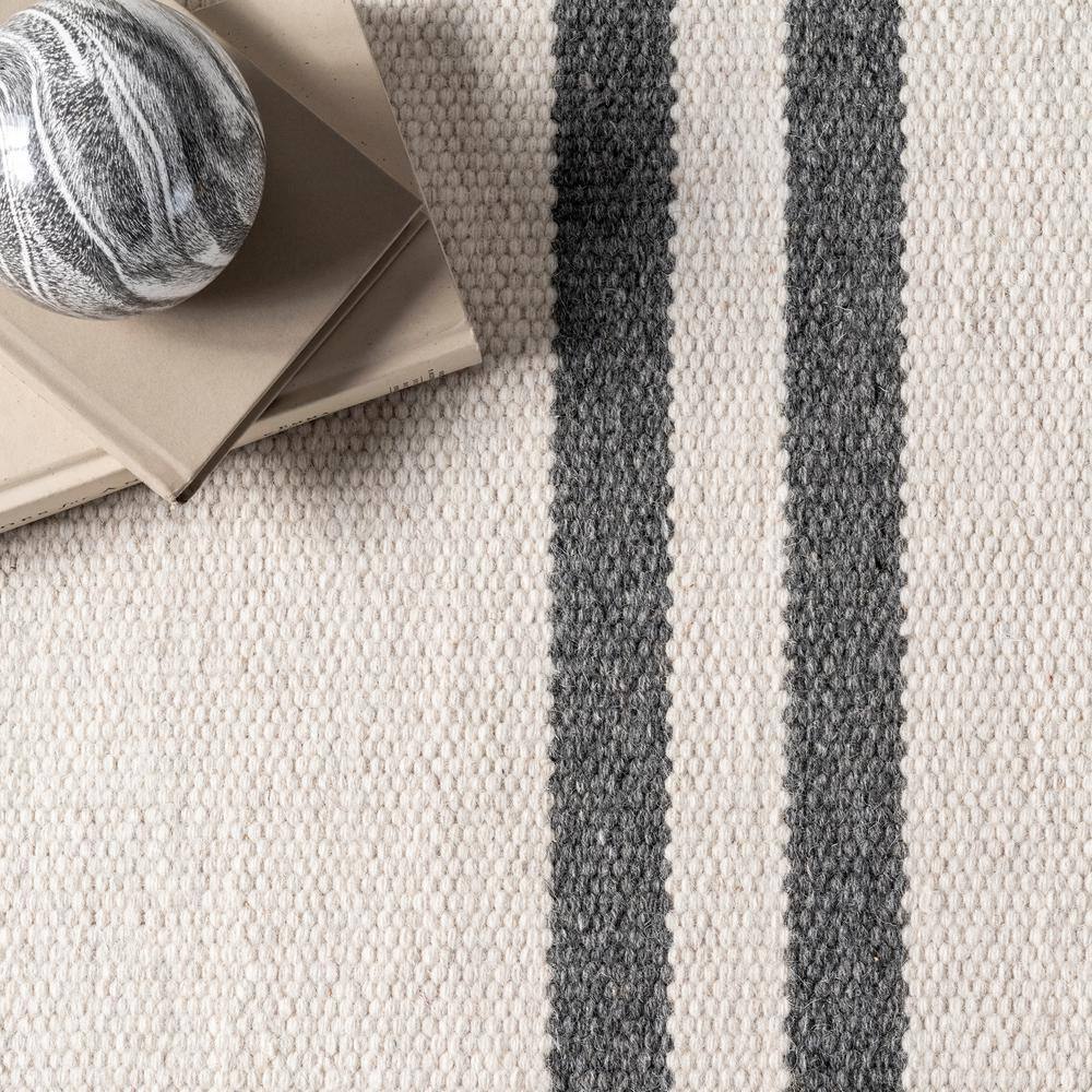 Ivory and Gray Wool Flat Woven Striped 8' x 10' Area Rug
