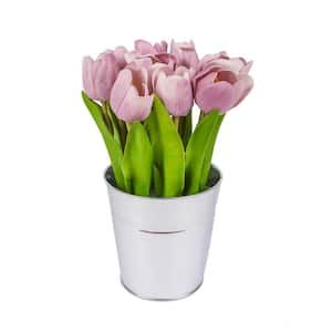 9 in. Artificial Floral Arrangements Tulips in Metal Pot- Color: Mauve