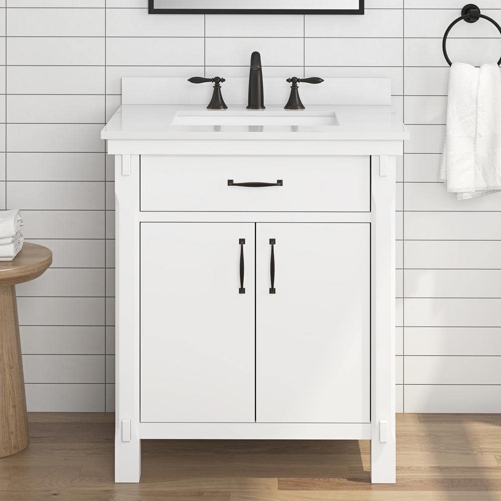 Bellington 30 in. Single Sink White Bath Vanity with White Engineered Stone