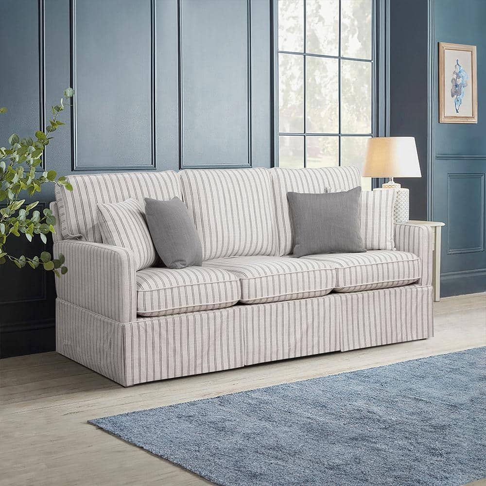 White and Gray Striped Fabric Lawson Sofa with Wood Frame