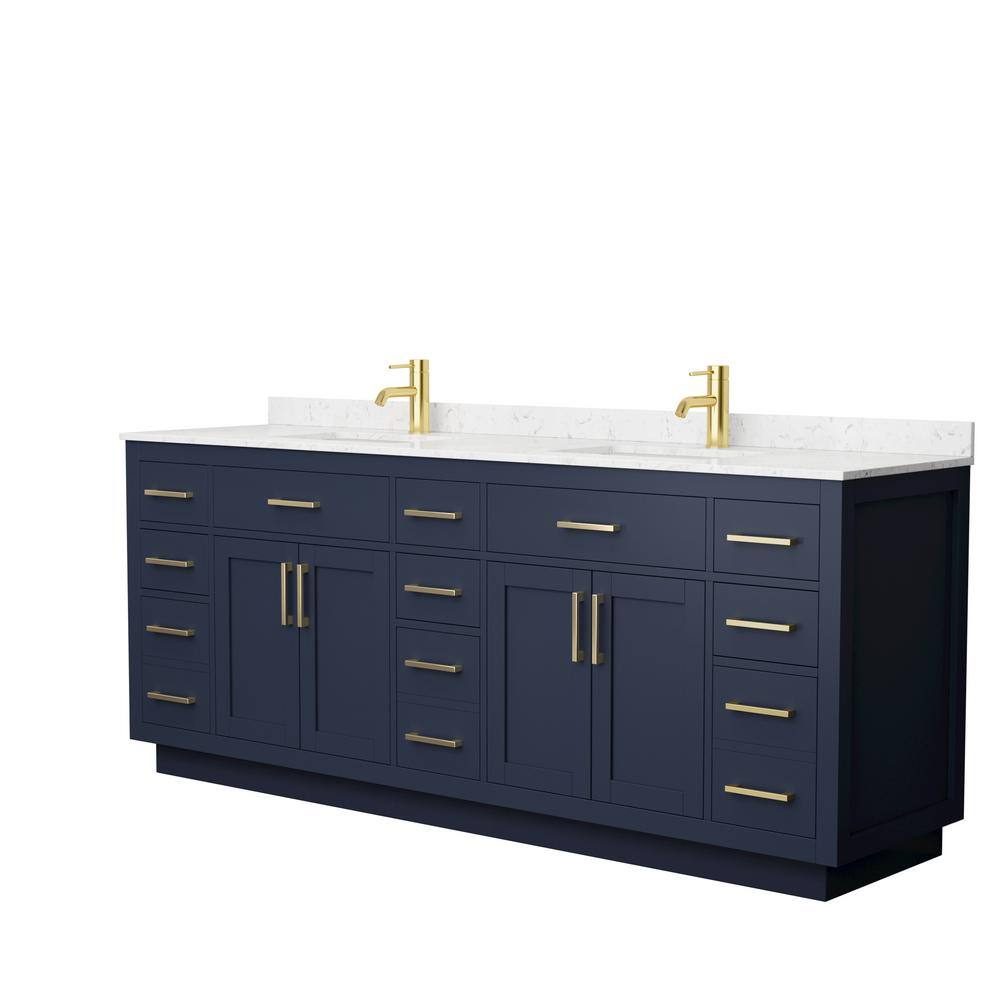 Wyndham Collection Beckett TK 84 in. W x 22 in. D x 35 in. H Double Bath Vanity in Dark Blue with Carrara Cultured Marble Top, Dark Blue with Brushed Gold Trim -  840193394209