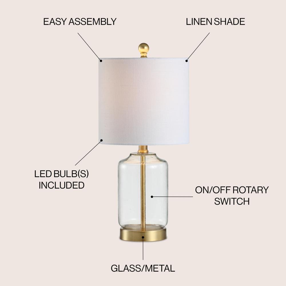 Duncan 20.5" Brass/Clear Glass Table Lamp with White Linen Shade