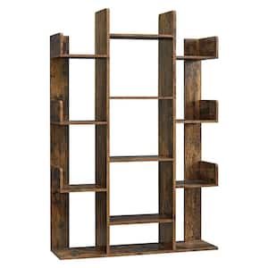 55 in. H x 9.8 in. W Rustic Brown Standard Wood Tree Branch Bookcase with 13 Compartments