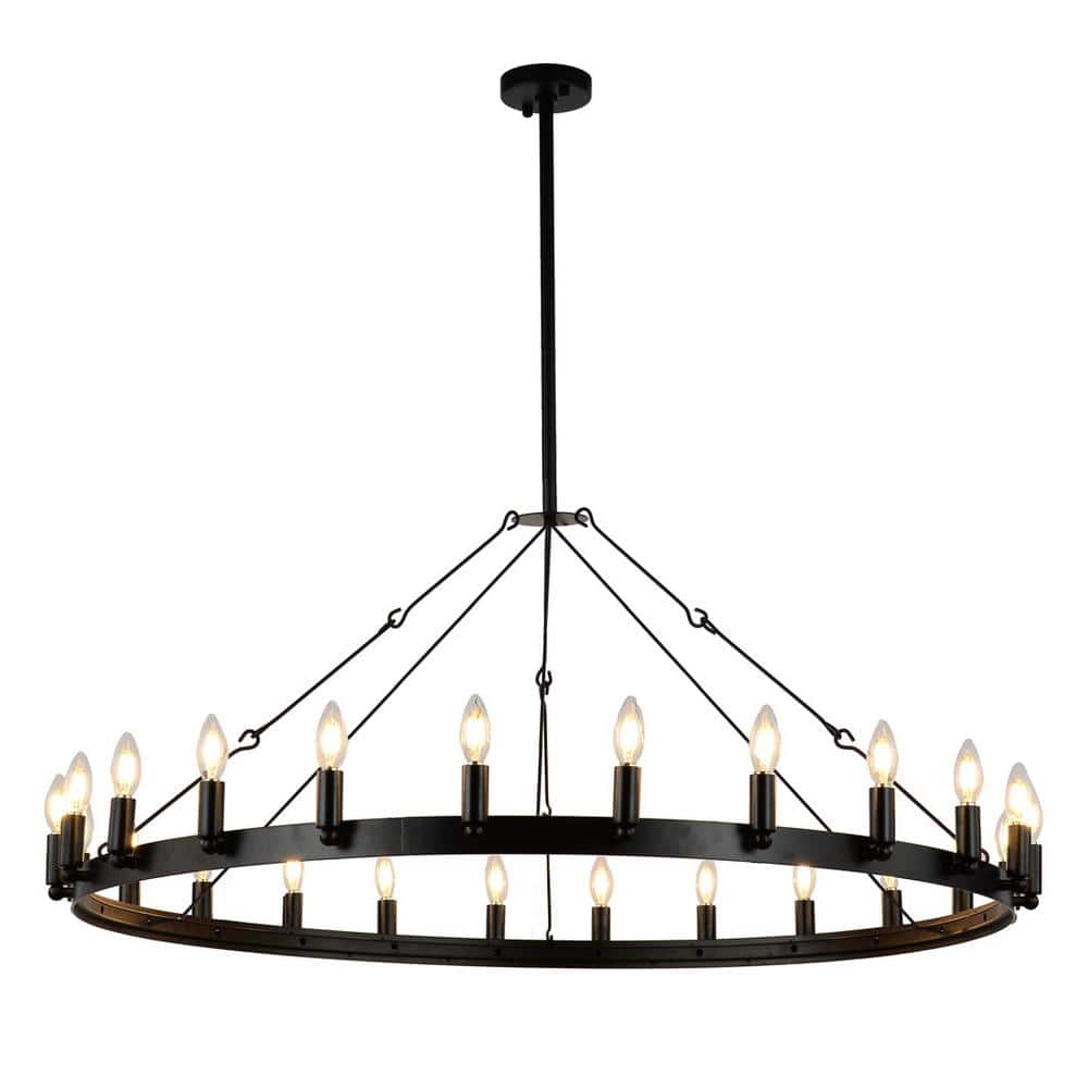 47.24 in. 24-Light Candle Style Wagon Wheel Chandelier Black Adjustable Far