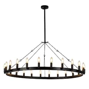 47.24 in. 24-Light Candle Style Wagon Wheel Chandelier Black Adjustable Farmhouse Vintage Industrial Hanging Light