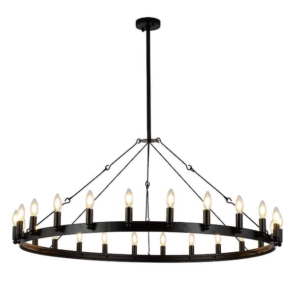 aiwen 47.24 in. 24-Light Candle Style Wagon Wheel Chandelier Black Adjustable Farmhouse Vintage Industrial Hanging Light