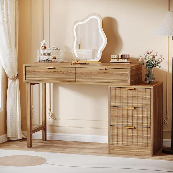 Vintage Walnut Brown Dressing Makeup Vanity Desk with 5-Drawers for Bedroom, Living Room