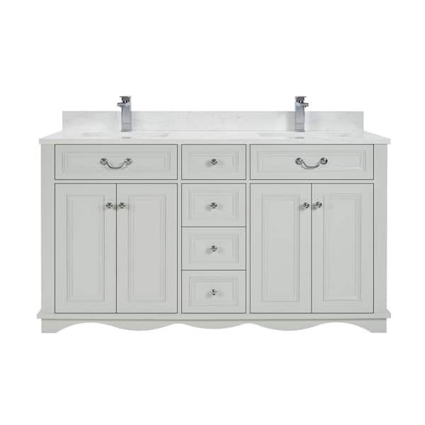 French Contemporary 60 in. Freestanding Silver Strand Bath Vanity with White Artificial Stone Top Assembled Bath Vanity