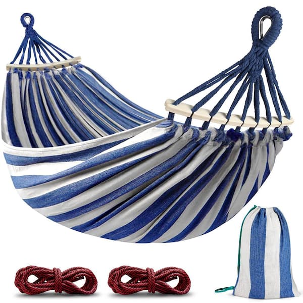 80.7 in. x 61 in. Camping Hammock Anti-Roll Balance Bars Blue White 1-Piece