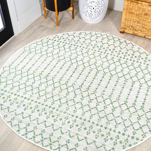 Ourika Moroccan Geometric Textured Weave Green/Ivory 5' Round Indoor/Outdoor Area Rug