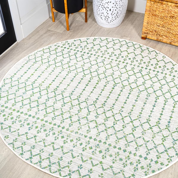 Green/Ivory 5 ft. Round Ourika Moroccan Geometric Textured Weave Indoor/Outdoor Area Rug