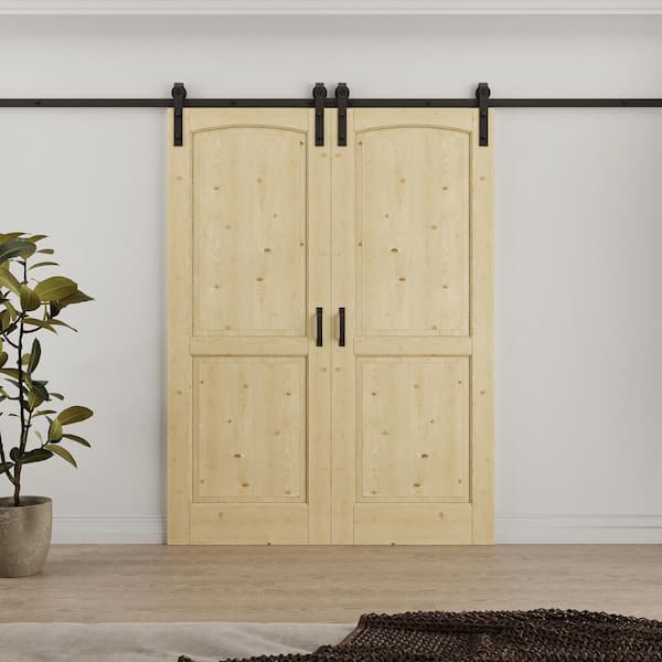 60 in. x 80 in. (Double 30 in. ) Arch 2-Panel Unfinished Solid Core Pine Wood Sliding Barn Door with Hardware Kit