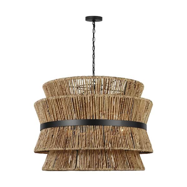 Thurlo 32 in. W x 24.375 in. H 4-Light Midnight Black Transitional Pendant Light with Natural Abaca Rope Steel Shade