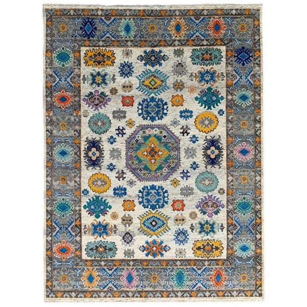 EORC Ivory / Gray 9 ft. x 12 ft. Hand Knotted Wool Transitional Kazak Area Rug