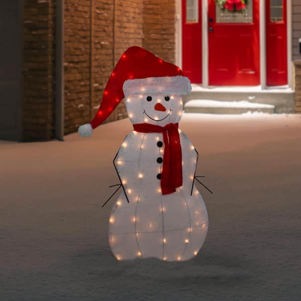 Northlight 42 in. Lighted 2D Chenille Snowman in Santa Hat