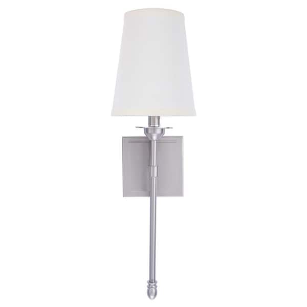 Manor 6.2 in. 1-Light Nickel Wall Sconce Light with White Fabric Shade