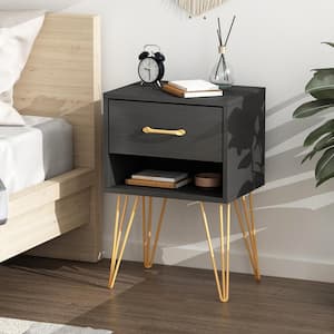 1-Drawer Black Nightstands with Metal Legs and Open Shelf Side Table BedSide Table 23.6 in. H x 15.7 in. W x 11.8 in. D
