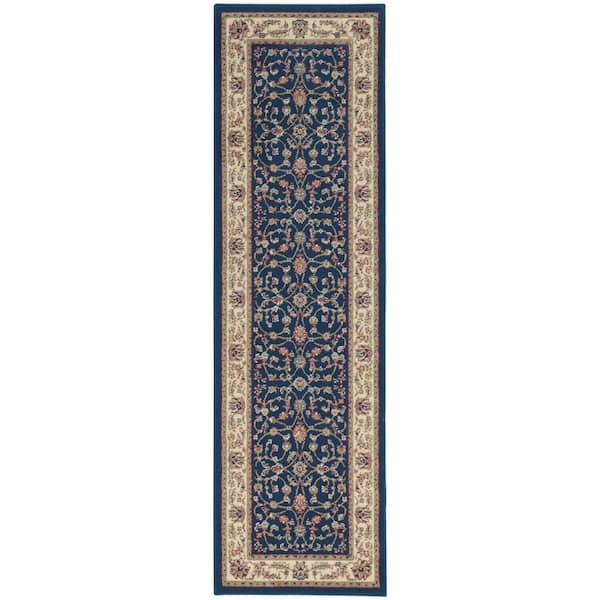 Como Navy 2 ft. x 7 ft. Traditional Oriental Scroll Area Rug