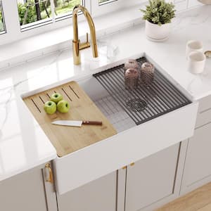 Gritty White 30 in. Farmhouse Apron Front Single Bowl Concrete Workstation Kitchen Sink with Accessories