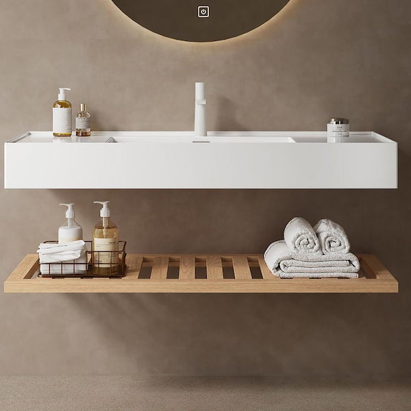 6.89 in. White Acrylic Wall-Mounted Bathroom Integrated Sink and Shelf