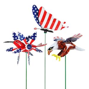 WindyWings in Butterfly, Hummingbird Whirligig and Eagle 2.46 ft. Patriotic USA Plastic Garden Stakes 3-Pack