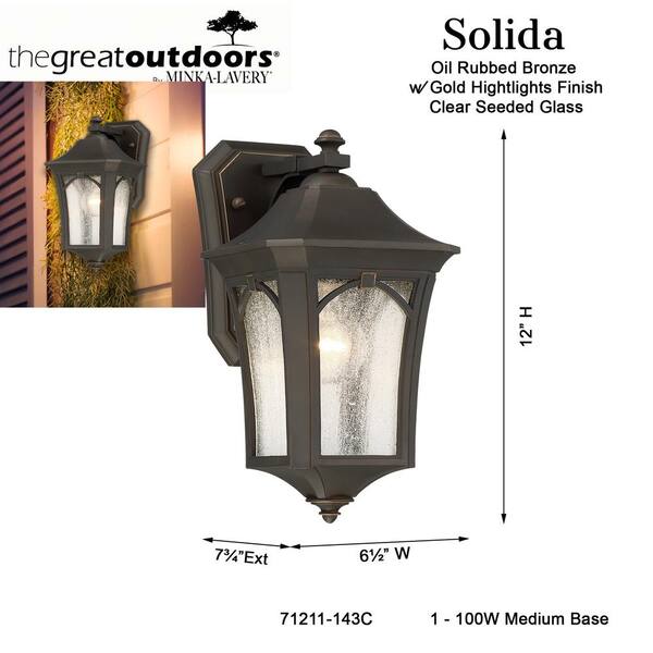 the great outdoors by Minka Lavery - Solida 3-Light Oil Rubbed Bronze with Gold Highlights Outdoor Wall Lantern Sconce with Clear Seeded Glass