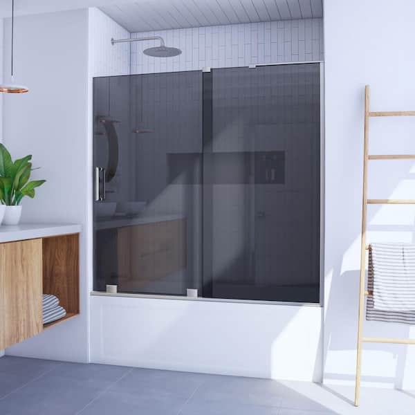 DreamLine Mirage-X 56- 60 in. W x 58 in. H Sliding Frameless Tub Door in Brushed Nickel with Tinted Glass