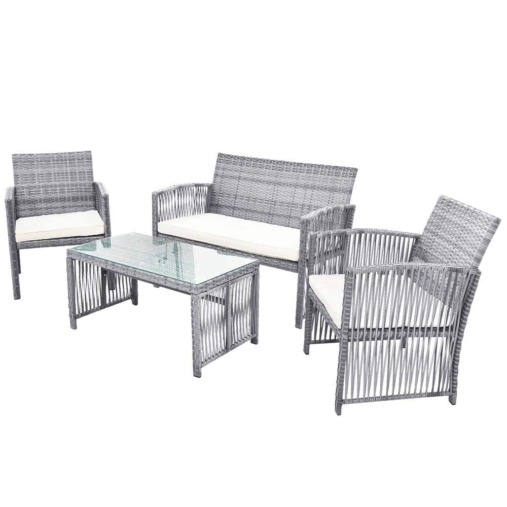 Gray 8-Pieces Wicker Patio Conversation Sectional Seating Set with Beige Cu