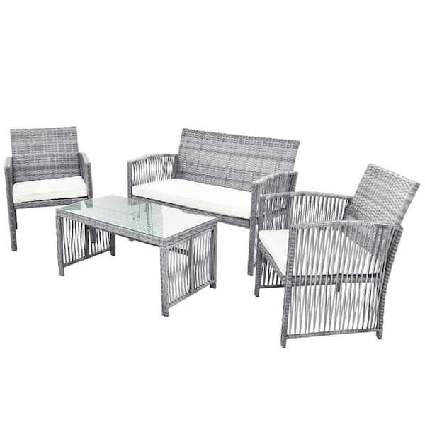 Unbranded Gray 8-Pieces Wicker Patio Conversation Sectional Seating Set with Beige Cushions