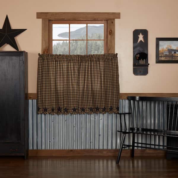 VHC BRANDS Primitive Star 36 in. W x 36 in. L Scalloped Light Filtering Tier Window Panel in Black Khaki Pair