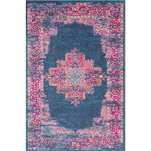Passion Blue 4 ft. x 6 ft. Bordered Transitional Area Rug