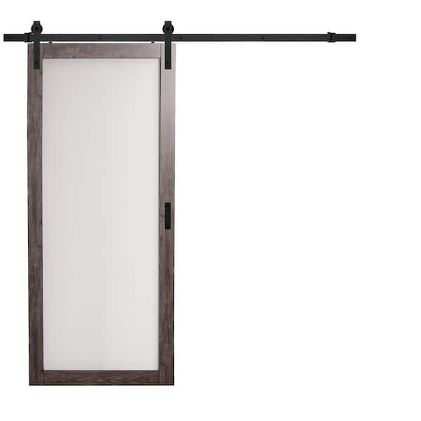 TRUporte 36 in. x 84 in. Iron Age Gray MDF Frosted Glass 1 Lite Design Sliding Barn Door with Rustic Hardware Kit