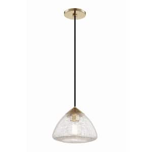 Maya 1-Light 9 in. W Aged Brass Pendant with Clear Crackle Glass Shade