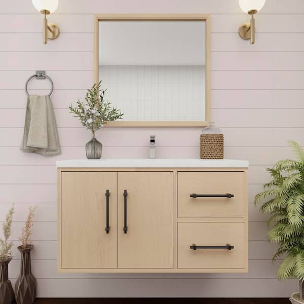 Victoria 36 in. W x 20 in. D x 22 in. H Single Sink Floating Bath Vanity in Yellow Oak with White Acrylic Top