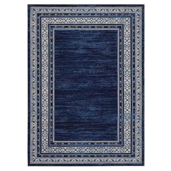 Bordered Navy‑Blue 9 ft. x 12 ft. Washable Area Rug, LowPile NonShedding Anti‑Slip Distressed Geometric Carpet Area Rug