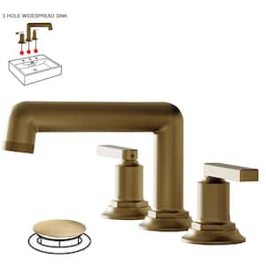 8 in. Widespread Double Handle Black Bathroom Faucet 3-Holes Vanity Sink Water-Saving With Metal Drain In Brushed Gold