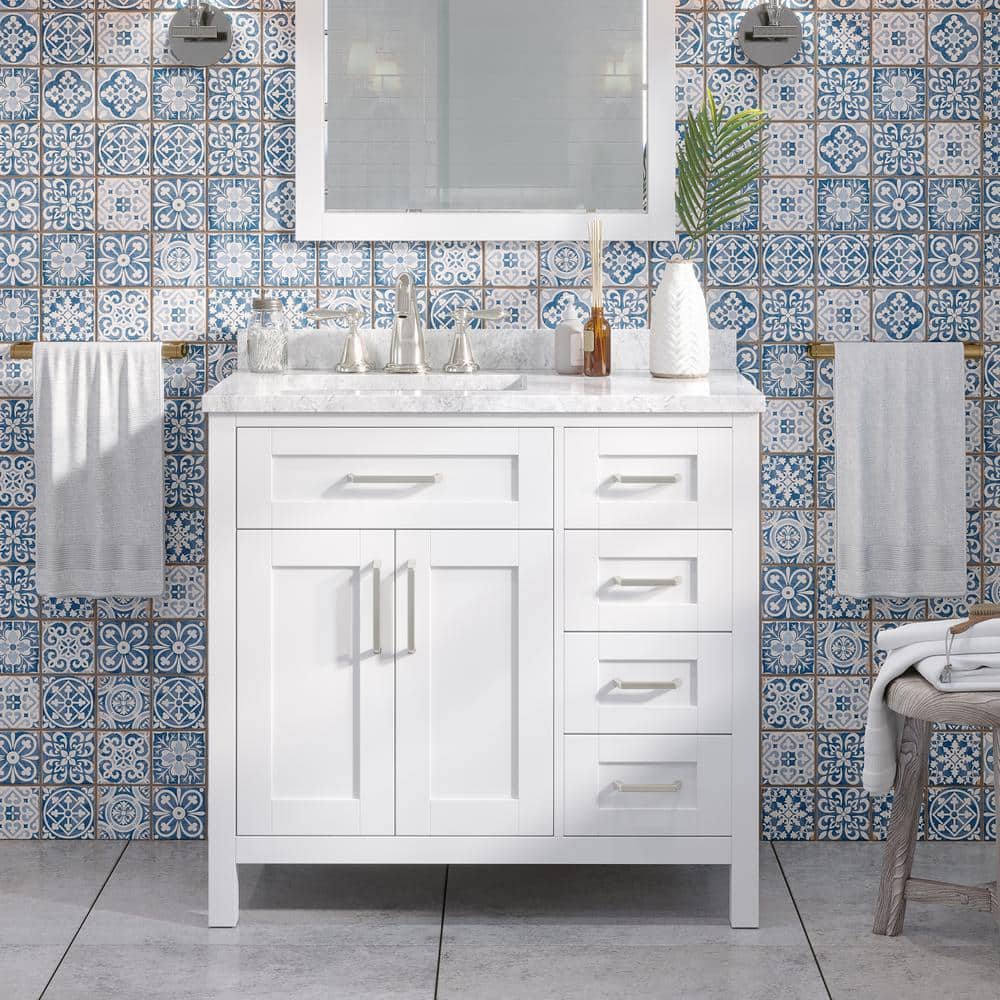 Tahoe 36" Pure White Freestanding Bathroom Vanity with Carrara Marble Top