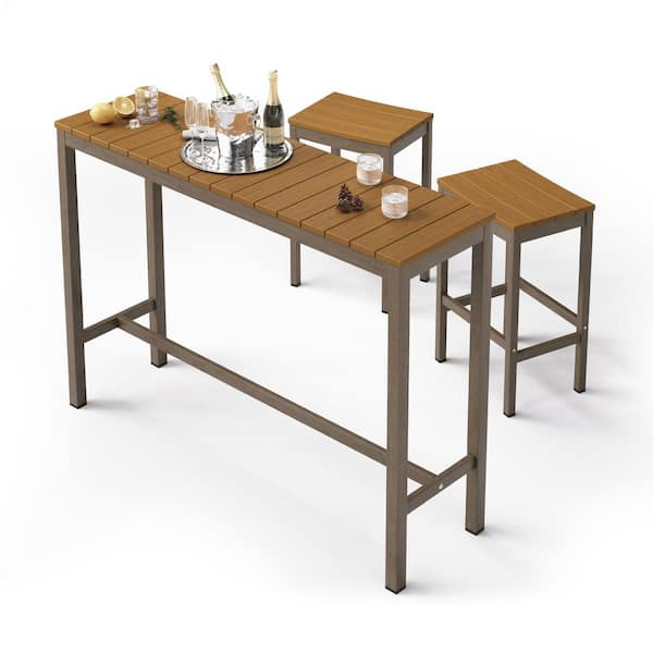LUE BONA Humphrey 5 Piece 55 in. Teak Alu Outdoor Patio Dining Set Serving Bar Set HDPS Top With Bar Stools For Balcony Indoor