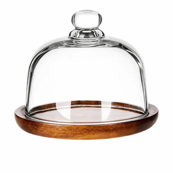 6 Inch Single-Tier Clear Glass Dome Cake Stand with Natural Wood Base for Serving Desserts and Displays