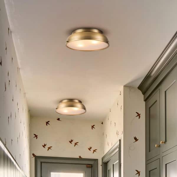RRTYO Calico 14.2 in. 2-Light Aged Bronze Modern Transitional Flush Mount with Frosted Glass Cone Shade