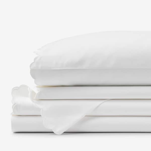 Company Cotton Embroidered Scallop White Sateen Queen Sheet Set