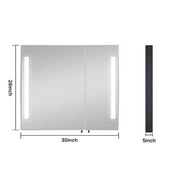 FAMYYT 30 in. W x 26 in. H Black Rectangular Frameless Anti-Fog Dimmable LED Light Surface Mount Medicine Cabinet with Mirror
