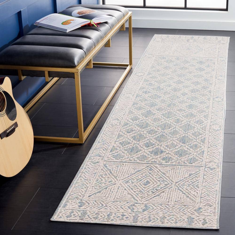 Blue and Ivory Handmade Tufted Wool Runner Rug