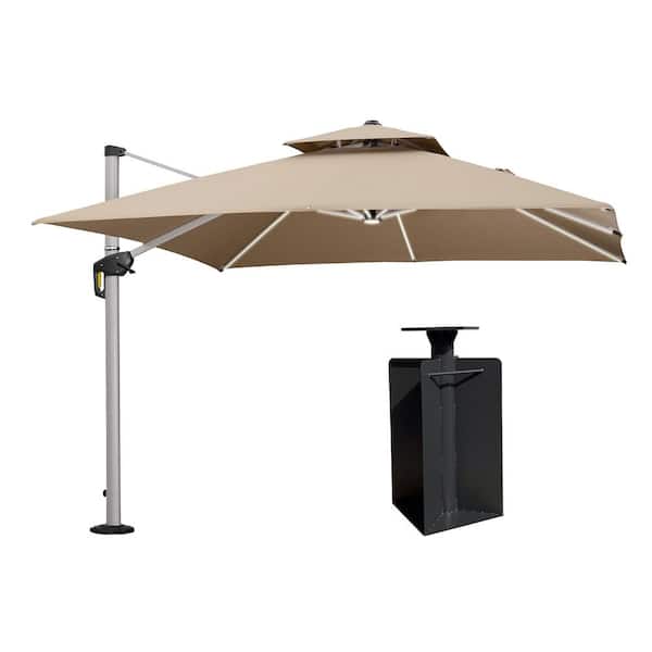 PURPLE LEAF 10 ft. Square Aluminum Solar Powered LED Patio Cantilever Offset Umbrella with Base in Ground, Beige