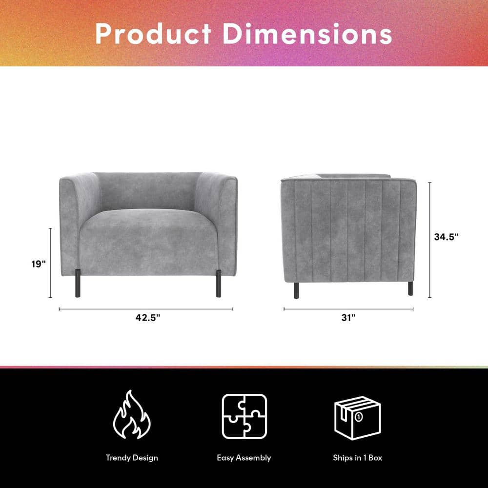Light Gray Velvet Ribbed Accent Chair with Black Metal Legs