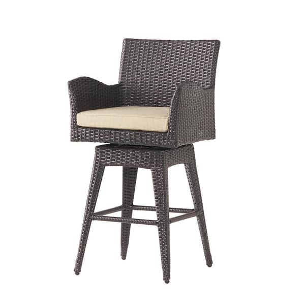 Multi-Brown Wicker Swivel Outdoor Bar Stool with Beige Cushion and Tapered Legs