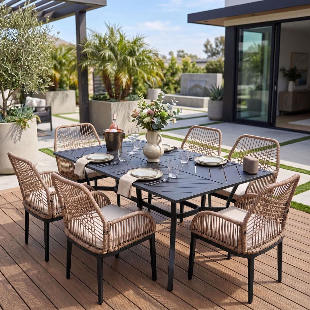 Black 7-Piece Rectangular Metal and Rattan Outdoor Dining Set with Soft Cushions and Umbrella Hole price history on PriceWatchPro