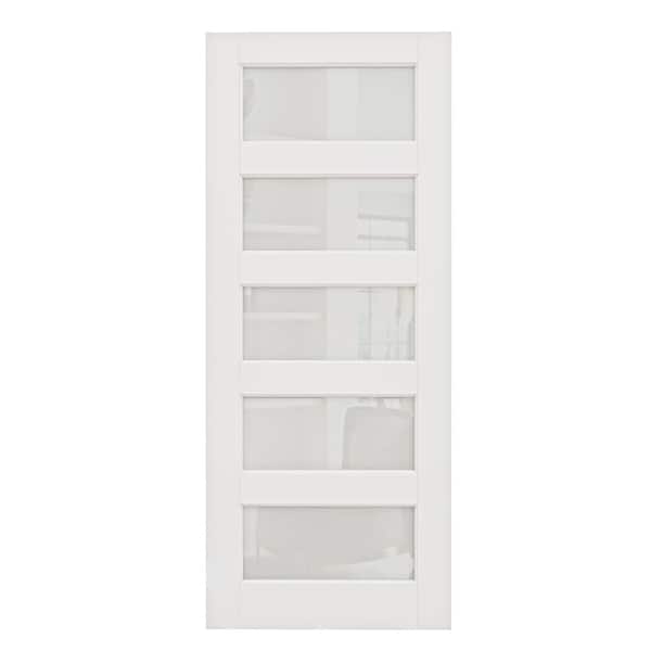 36 in. x 80 in. Solid Core 5-Lite Tempered Frosted Glass White Primed MDF Interior Door Slab without Jamb