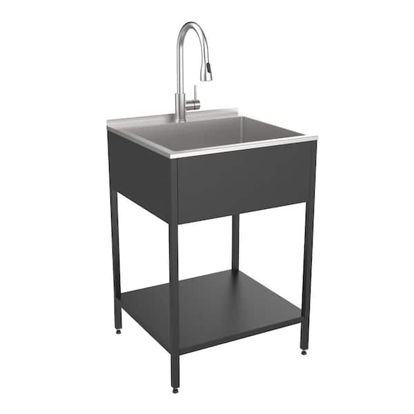 15-Gallon 22.1 in. D x 24 in. W Freestanding Laundry Sink with Cabinet in Matte Black with Faucet